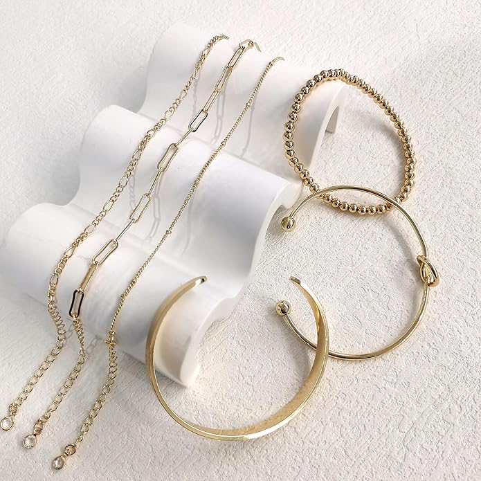 Gold Bracelets for Women 18k Gold Plated Bracelet Stack Bangle Cuff Bracelet Set for Women Non Tarnish Beaded/Paperclip/Cuban Link Chain Bracelets Jewelry for Women Trendy