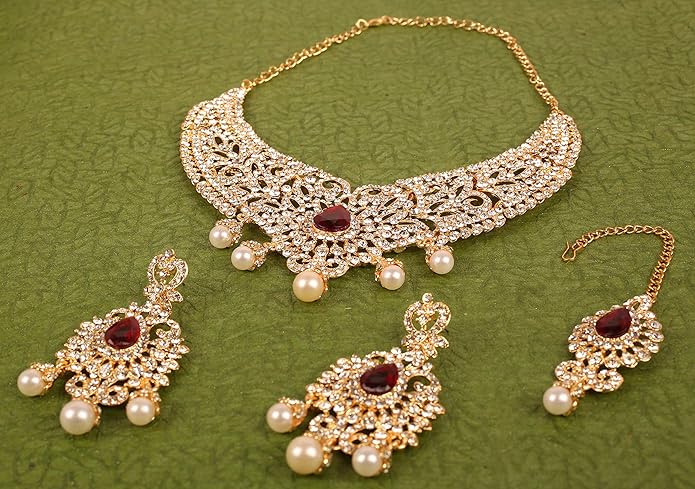 Touchstone Indian jewelry sets for women tikka wedding necklace costume guest statement bollywood rhinestones crystal faux pearls gold big royal neck piece set bridal fashion accessories