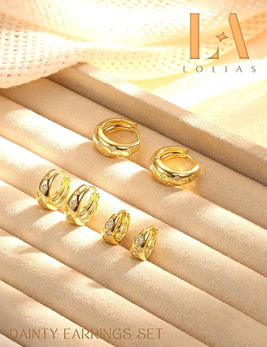 14K Gold Plated Hoop Earrings Set for Women - 3Pairs Chunky 14K Gold Plated Silver Huggie Earrings Small Earrings Lightweight Hypoallergenic MultiColored CZ Hoop Earrings Stacks for Multiple Piercing