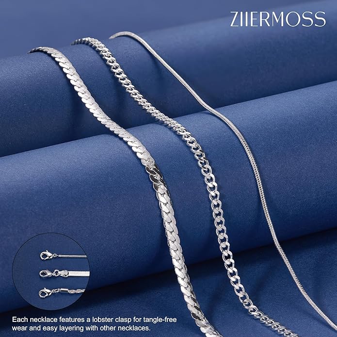 3PCS Gold Necklaces for Women,Chunky Statement Gold Plated Necklace Stack Layered Sterling Silver Herringbone Chains for Women Dainty Trendy Silver Chains Stacked Jewelry Gifts