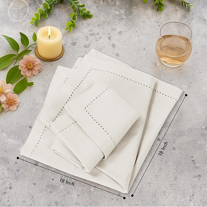 Ruvanti Cloth Napkins - 100% Cotton Dinner Napkins, Hem Stitched Corners, 18x18 Inch, 12 Pack - Soft, Absorbent, Durable, Reusable, Wrinkle Resistant for Formal Dining & Everyday Use - Antique White