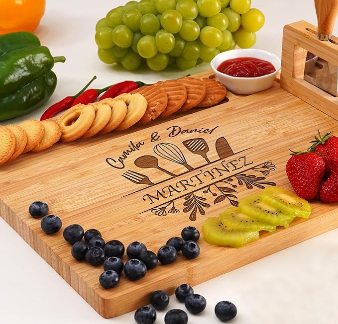 Personalized Charcuterie Board Gifts for Couples – Christmas Custom Large Cheese Board with Knife & Utensil Set for Wedding, Anniversary, Birthday, Housewarming, Engagement, Party, New Home