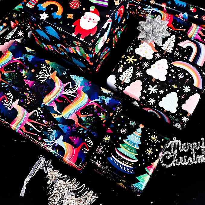 Vnaaem Christmas Wrapping Paper for Boys Girls Kids - Cute Rainbow Xmas Gift Wrap with Santa Tree Reindeer Design for Holiday Winter Paty - 20 x 28Inches Per Sheet(8 Pack)