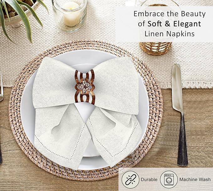 Ruvanti Premium Linen Napkins Set of 4-20x20 Inch, Classic Hemstitch, Mitered Corner Cloth Napkins - Soft, Elegant Dinner Napkins Cloth Washable for Weddings, Parties, Everyday Use - Ivory