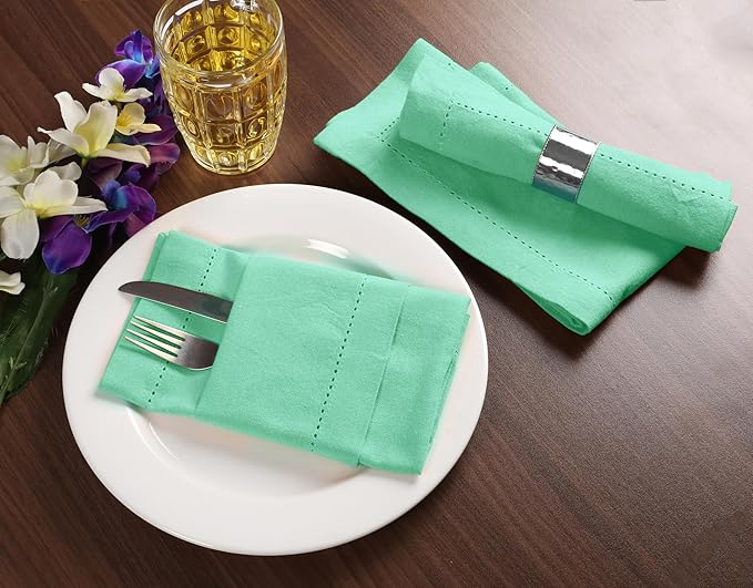 Palisa Cloth Dinner Napkins with Hemstitched Detailing & Mitered Corners Set of 12 (18x18 Inches) Mist Green - Cotton Reusable Dinner Napkins - Perfect for Weddings & Everyday Use