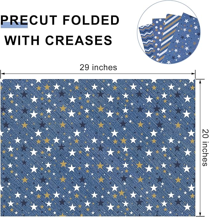 PlandRichW Denim Blue Wrapping Paper Folded for Man Boys Girls Birthday, Vintage Blue Gift Wrap for Father's Day, Christmas, Wedding, Party Holiday, Pre-cut 12 Sheets Each 20" X 29"