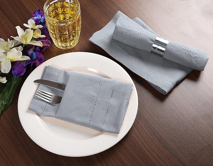 Palisa Cloth Dinner Napkins with Hemstitched Detailing & Mitered Corners Set of 12 (18x18 Inches) Grey - Cotton Reusable Dinner Napkins - Perfect for Weddings & Everyday Use