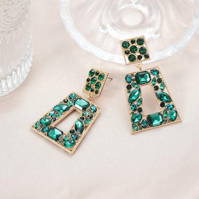 Rhinestone Rectangle Statement Earrings Colorful Crystal Geometric Drop Dangle Earrings for Women Prom Party