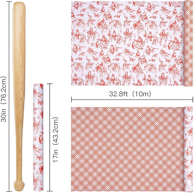 RUSPEPA Reversible Christmas Wrapping Paper Roll, Mini Roll, Vintage Red Botanical Bird and Pinecone Design, Red White Plaid Pattern Gift Wrap Paper for Elegant Holiday Gifts, 17 Inches x 32.8 Feet