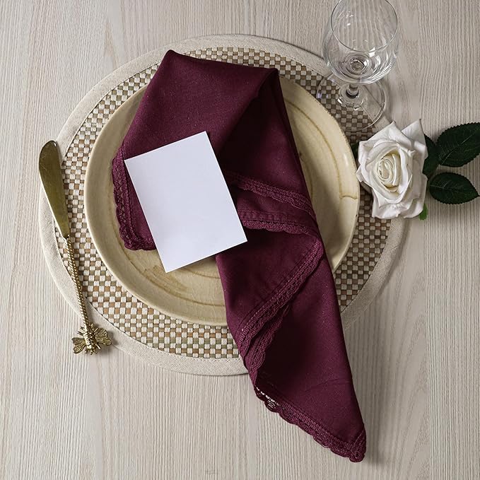 Ramanta Home Linen Flax Cloth Napkins Set of 12| 18x18 Inch | Premium Cotton Linen Flax Lace Soft & Durable | Washable Ideal for Everyday Use Parties Thanksgiving Christmas Halloween Burgundy