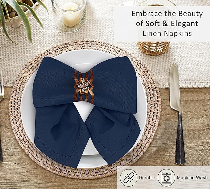 Ruvanti Premium Linen Napkins Set of 6-20x20 Inch, Classic Hemstitch, Mitered Corner Cloth Napkins - Soft, Elegant Dinner Napkins Cloth Washable for Weddings, Parties, Everyday Use - Navy