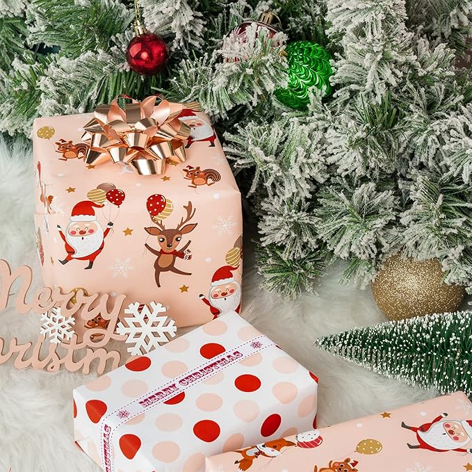 WRAPAHOLIC 30 Inch Jumbo Reversible Christmas Wrapping Paper - 30 Inch x 33 Feet - Red and Pink Dancing Santa Claus Reindeer and Colorful Polka Dots Design for Christmas, Holiday, Party