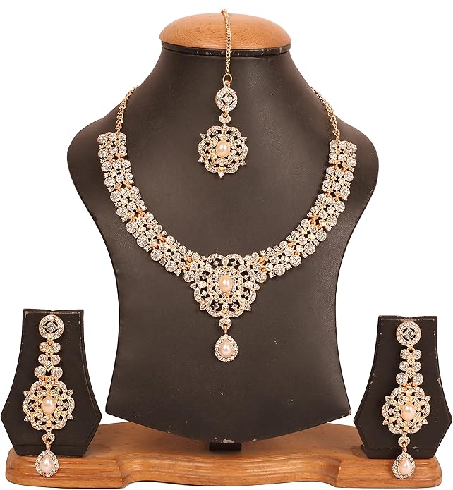 Touchstone Indian jewelry sets for women gold wedding tikka necklace set guest costume fancy bridal jewellery rhinestone crystal elegant formal prom evening wear dainty accessories