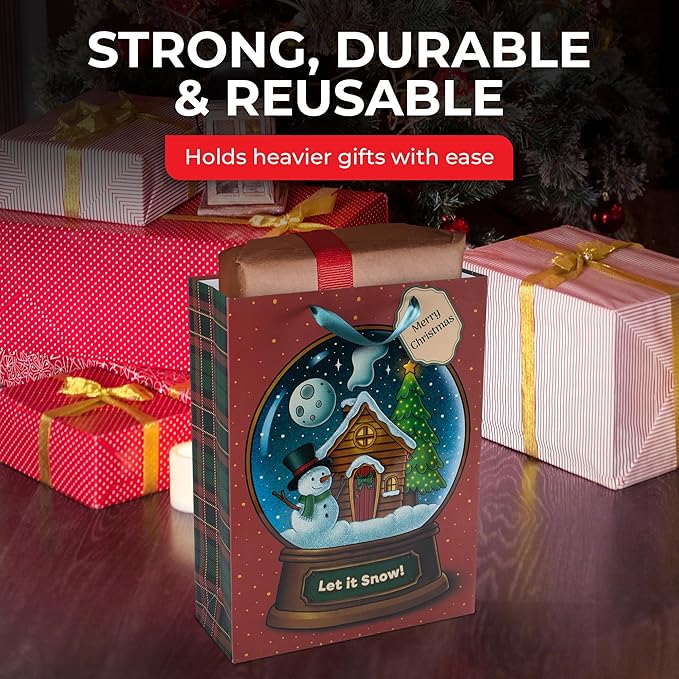 RACHELLE'S Snow Globe Christmas Gift Bags – Large 16"x12"x5" (10-Pack) – Sturdy Paper Gift Bags with Tissue Paper, Tag and Handle – Let It Snow – Perfect for Christmas Holiday Gifting & Party Favors