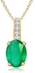 Angara Natural Oval Emerald Solitaire Pendant with Diamond Bale in Silver / 14K Solid Gold/Platinum With 18" Chain | May Birthstone, Birthday, Engagement, Anniversary, Wedding Jewelry Gift for Women