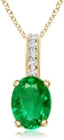Angara Natural Oval Emerald Solitaire Pendant with Diamond Bale in Silver / 14K Solid Gold/Platinum With 18" Chain | May Birthstone, Birthday, Engagement, Anniversary, Wedding Jewelry Gift for Women