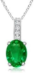 Angara Natural Oval Emerald Solitaire Pendant with Diamond Bale in Silver / 14K Solid Gold/Platinum With 18" Chain | May Birthstone, Birthday, Engagement, Anniversary, Wedding Jewelry Gift for Women