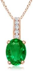 Angara Natural Oval Emerald Solitaire Pendant with Diamond Bale in Silver / 14K Solid Gold/Platinum With 18" Chain | May Birthstone, Birthday, Engagement, Anniversary, Wedding Jewelry Gift for Women