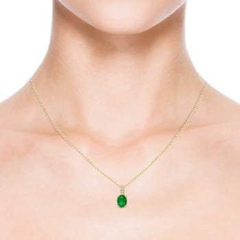 Angara Natural Oval Emerald Solitaire Pendant with Diamond Bale in Silver / 14K Solid Gold/Platinum With 18" Chain | May Birthstone, Birthday, Engagement, Anniversary, Wedding Jewelry Gift for Women