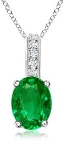 Angara Natural Oval Emerald Solitaire Pendant with Diamond Bale in Silver / 14K Solid Gold/Platinum With 18" Chain | May Birthstone, Birthday, Engagement, Anniversary, Wedding Jewelry Gift for Women