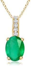 Angara Natural Oval Emerald Solitaire Pendant with Diamond Bale in Silver / 14K Solid Gold/Platinum With 18" Chain | May Birthstone, Birthday, Engagement, Anniversary, Wedding Jewelry Gift for Women