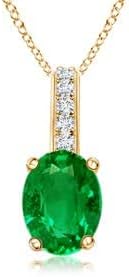 Angara Natural Oval Emerald Solitaire Pendant with Diamond Bale in Silver / 14K Solid Gold/Platinum With 18" Chain | May Birthstone, Birthday, Engagement, Anniversary, Wedding Jewelry Gift for Women