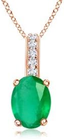 Angara Natural Oval Emerald Solitaire Pendant with Diamond Bale in Silver / 14K Solid Gold/Platinum With 18" Chain | May Birthstone, Birthday, Engagement, Anniversary, Wedding Jewelry Gift for Women