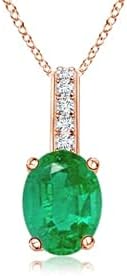 Angara Natural Oval Emerald Solitaire Pendant with Diamond Bale in Silver / 14K Solid Gold/Platinum With 18" Chain | May Birthstone, Birthday, Engagement, Anniversary, Wedding Jewelry Gift for Women