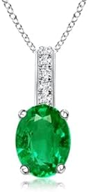 Angara Natural Oval Emerald Solitaire Pendant with Diamond Bale in Silver / 14K Solid Gold/Platinum With 18" Chain | May Birthstone, Birthday, Engagement, Anniversary, Wedding Jewelry Gift for Women