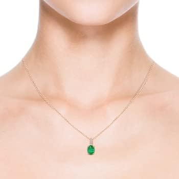Angara Natural Oval Emerald Solitaire Pendant with Diamond Bale in Silver / 14K Solid Gold/Platinum With 18" Chain | May Birthstone, Birthday, Engagement, Anniversary, Wedding Jewelry Gift for Women