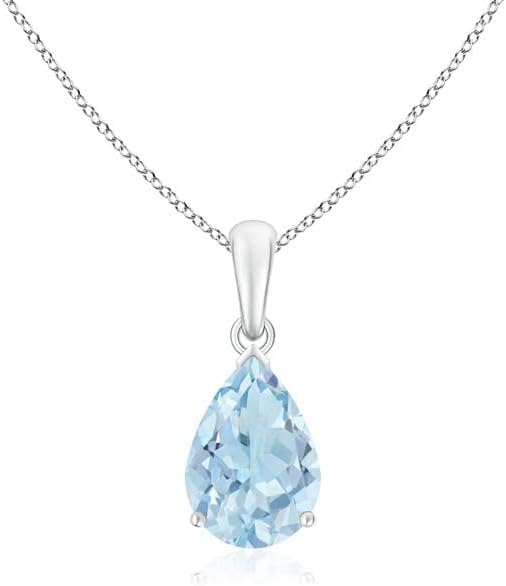 Angara Natural Aquamarine Solitaire Pendant for Women | Pear-Shaped Aquamarine Solitaire Pendant in 14K Solid Gold/Silver/Platinum With 18" Chain | March Birthday, Gemstone Jewelry Gift