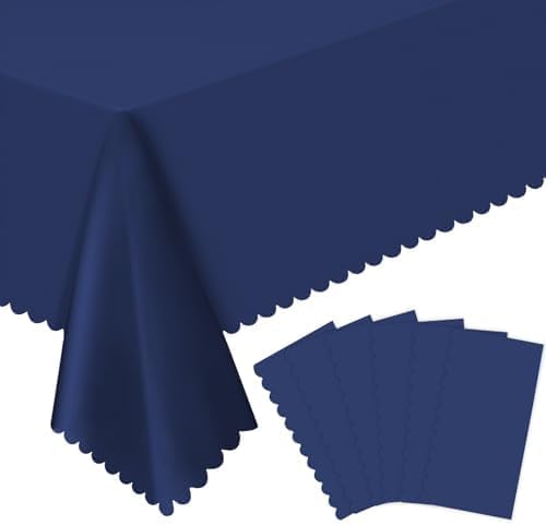 6 Pack Plastic Navy Blue Tablecloth, 54 X 108 Inch Graduation Scalloped Table Cloth for Rectangle Table Disposable Spring Tablecloth for BBQ Picnic Birthday Dinner Holiday Graduation Celebration Party