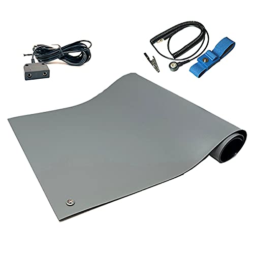 RubberStat Dual Layer ESD Compliant Workstation Rubber Table Mat Kit, Soldering, Cell Phone Repair, with Wrist Strap Set and Ground Cord - 24"x30" Grey