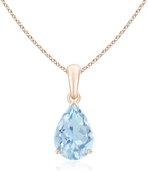 Angara Natural Aquamarine Solitaire Pendant for Women | Pear-Shaped Aquamarine Solitaire Pendant in 14K Solid Gold/Silver/Platinum With 18" Chain | March Birthday, Gemstone Jewelry Gift