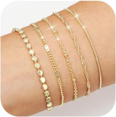 Emibele Gold Bracelets for Women, Dainty Adjustable 14K Gold Plated Bracelet Stack, Elegant Beaded Link Chain Bracelet Sets, Jewelry Gifts for Women