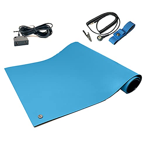 RubberStat Dual Layer ESD Compliant Workstation Rubber Table Mat Kit, Soldering, Cell Phone Repair, with Wrist Strap Set and Ground Cord - 24"x72" Blue