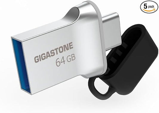 GIGASTONE 64GB Nano Luxus Dual Drive (5 Pack) Z50 USB 3.2 Gen 1, 2-in-1 USB-A & Type-C, 100MB/s Ultra Fast, Cap Design, Metal, Plug & Play for Smartphone/PC/Mac/TV/Car, 2.0/3.0/3.1 Compatible