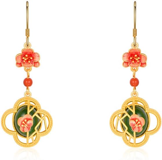 14K Gold over S925 Real Natural Jade Plum Blossom Earrings, Enamel Vintage Style Dangle Earrings, Delicate Jade Jewelry Gift for Wife's Elegance