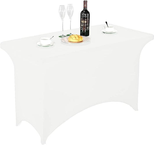 FORLIFE Fitted Spandex Table Cover - 4ft Rectangular, Stretch Patio Table Cover for Wedding, Banquet, Party (White)