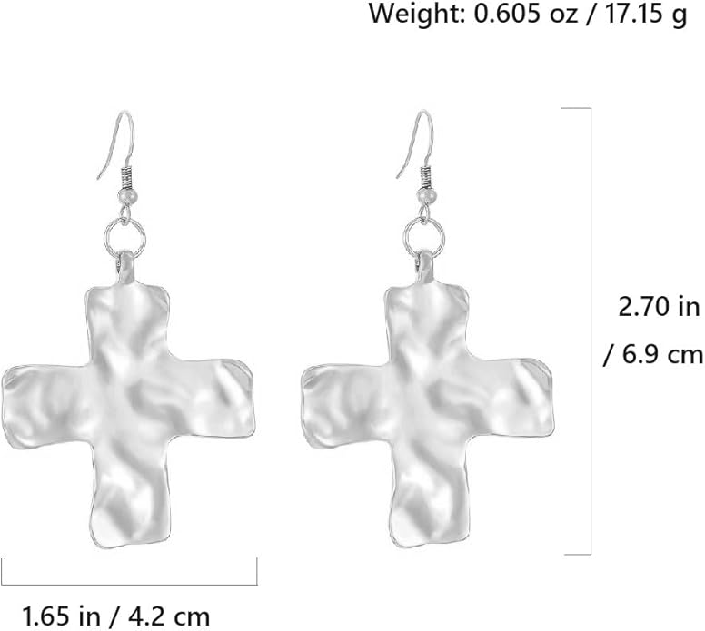 Chunky Gold Big Hammered Cross Drop Dangle Earrings for Women Trendy, Bold Thick Large Silver Cross Hook Earrings Dainty Vintage Faith Chain Jewelry