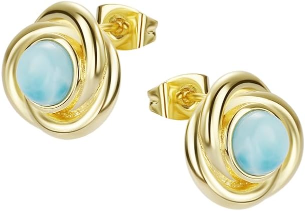 Larimar Stone Stud Earrings for Women, Gold Plated Brass
