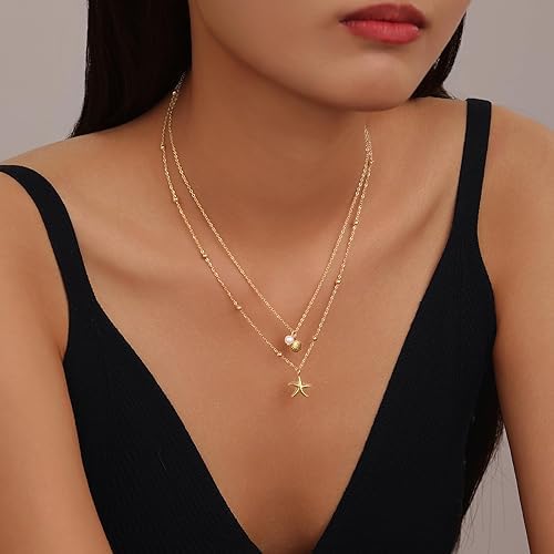 Evabelle Gold Layered Necklace for Women Trendy Jewelry 14K Real Gold Plated Chunky Chain Stackable Necklaces Dainty Choker Necklaces Rectangle Square Pendant