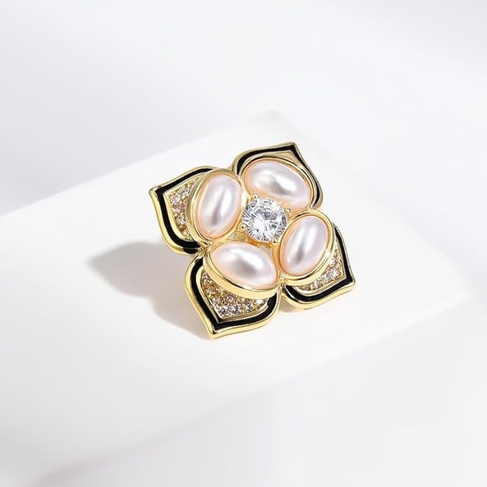 Pearl Flower Brooch for Women - Gold Plated Pearl Flower Pin Rhinestone Buttons Lapel Pin Jewelry - Valentine's Day Gift