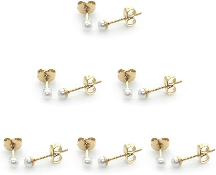 14K Gold Filled Polished Small CZ Pearl Ball Stud Earrings Set for Women Men 20G Surgical Steel Hypoallergenic Piercing Studs for Sensitive Ear, Pack of 6 Pairs