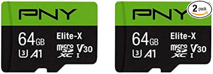 PNY 64GB Elite-X Class 10 U3 V30 microSDXC Flash Memory Card 2-Pack - 100MB/s, Class 10, U3, V30, A1, 4K UHD, Full HD, UHS-I, Micro SD