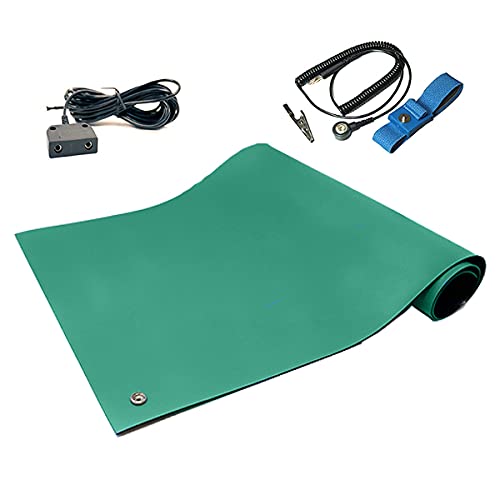 RubberStat Dual Layer ESD Compliant Workstation Rubber Table Mat Kit, Soldering, Cell Phone Repair, with Wrist Strap Set and Ground Cord - 36"x60" Green