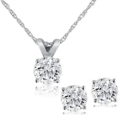P3 POMPEII3 Pompeii 1/2Ct TW Diamond Solitaire Necklace Studs Set 14K White Gold Lab Grown (G-H,VS2-SI1)