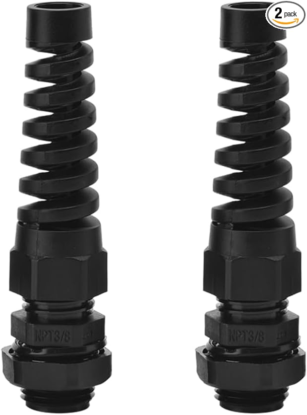 Strain Relief Cord Connector, CGELE 2 Pack NPT 3/8" Waterproof Cable Gland Cord Grip Spiral Adjustable Connector Strain Relief Cord Connectors Joints Nylon with Gaskets