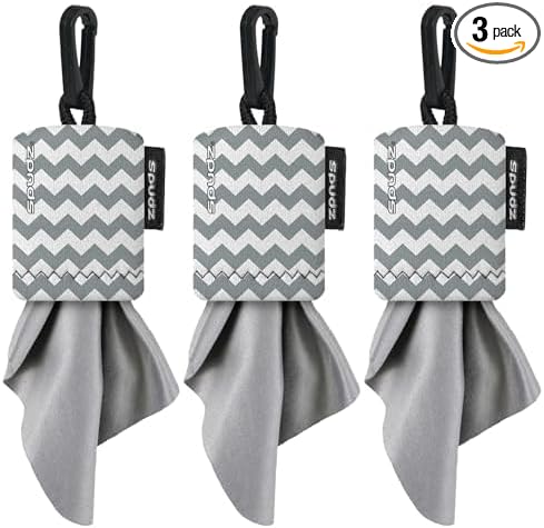 SPUDZ Classic Microfiber Lens Cleaner – Clip-On Pouch, Washable – for Binoculars, Scopes, Glasses, Screens | Gray Chevron, 6 x 6 Inch (3-Pack)
