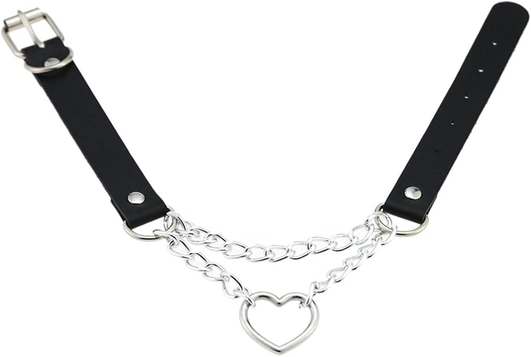 Harajuku Peach Heart Choker Punk Hauling Chain PU Leather Collar Gothic Necklace NightClub Goth Leash Belts